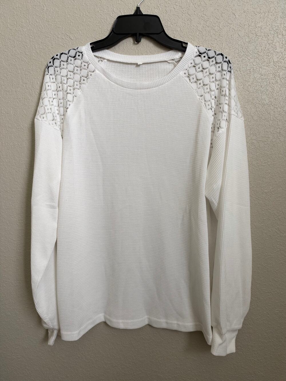 Women's White Waffle Knit Lace Shoulder Long Sleeve Crew Neck Pullover Size XL